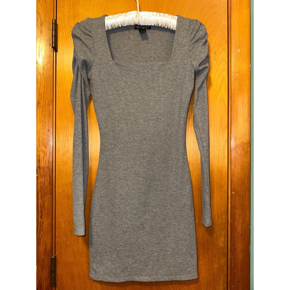 Revamped‎ Long Sleeve Square Neck Bodycon Dress Gray